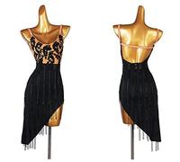 JRUIA Women's Applique Latin Dance Dresses Cha Cha Ballroom Competition Performance Costume Crystal Modern Skirt for Rumba,Black,XL