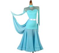 JRUIA Women's Ballroom Dance Dresses Modern Waltz Performance Dancing Clothes Tango Flamenco Training Long Skirt with Ribbon,Blue,XL