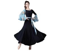 JRUIA Women's Ballroom Dance Performance Dresses Foxtrot Waltz Dancing Outfit Printed Flamenco Tango Competition Costumes,Blue,M