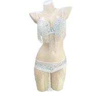 JRUIA Women's Belly Dancer Costumes Carnival Performance Dancing Outfits Belly Dance Bra And Belt Bellydance 2-Piece Set,White,M