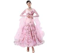 JRUIA Women's Embroidery Ballroom Dance Dresses for Competition Professional Waltz Foxtrot Outfit Flamenco Tango Dancewear,Pink,XXL