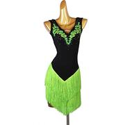 JRUIA Womens' Embroidery Latin Dance Costumes Tassel Cha Cha Tango Training Clothes Ballroom Dance Dresses Skirt for Samba,green,L
