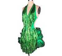 JRUIA Women's Fringe Latin Dance Dresses Backless Salsa Ballroom Costume Sequins Cha Cha Training Dress Skirt for Samba,Green A,S