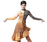 JRUIA Women's Fringe Latin Performance Ballroom Dresses Printed Tango Costumes Salsa Competition Dress for Zumba Samba,Beige,L