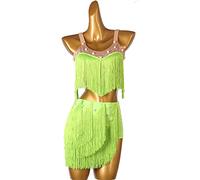 JRUIA Women's Fringe Professional Latin Dance Dresses Tango Cha Cha Performance Costume Ballroom Dancewear Skirt for Samba,Green,XL