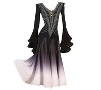 JRUIA Womens' Gradient National Standard Competition Dance Dresses Ballroom Performance Costumes Trumpet Sleeve Waltz Outfit,A,M