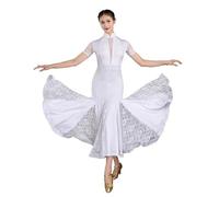 JRUIA Women's Lace Tango Training Dance Costume Waltz Performance Dancing Outfit Standard Ballroom Dresses Flamenco Dancewear,White,XXL