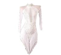 JRUIA Women's Latin Dance Competition Dresses Professional Tassels Ballroom Dancewear Cha Cha Salsa Dancing Outfit Rhinestones,White,M