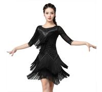JRUIA Women's Latin Dance Dresses Layered Tassels Ballroom Dancewear Cha Cha Tango Outfit Performance Costume for Rumba,F,L
