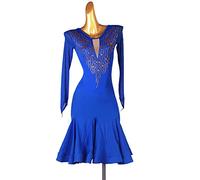 JRUIA Women's Long Sleeved Latin Dance Dresses Rhinestone Tango Cha Cha Performance Costume Ruffles Clothes for Rumba Samba,Blue,M