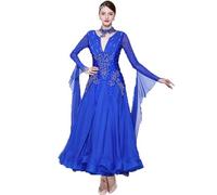 JRUIA Women's National Standard Dancewear Round Neck Ballroom Dance Competition Dresses Waltz Tango Competition Costume,Blue,3XL