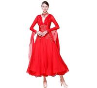 JRUIA Women's National Standard Dancewear Round Neck Ballroom Dance Competition Dresses Waltz Tango Competition Costume,Red,3XL