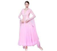 JRUIA Women's National Standard Dancewear Round Neck Ballroom Dance Competition Dresses Waltz Tango Competition Costume,Pink,XXL