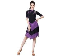 JRUIA Women's Vintage Latin Dance Dress Layered Tassels Ballroom Dancewear Cha Cha Tango Outfit Costume for Rumba Samba,Purple,XXL