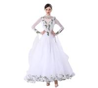 JRUIA Women's Waltz Performance Dancing Outfit Professional Ballroom Dance Dresses Embroidery Tango Competition Costume,White,3XL