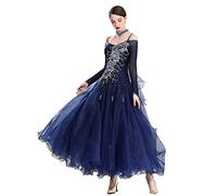 JRUIA Womens's Embroidery National Standard Competition Dress Suspenders Waltz Performance Costume Tango Ballroom Dresses,navyblue,L