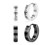 JRYXD 1 Pair De Boucles D'Oreilles Viking Nordique Pour Homme - Acier Inoxidable, Runes Elder Futhark (Noir & Argent) - Cadeau Homme