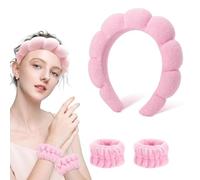 JRYXDS Spa Headband for Washing Face Wristband Set Soft Sponge Skin Care Headband Hair Accessories for Washing Face Make Up Remover Shower Skin Care (Pink)