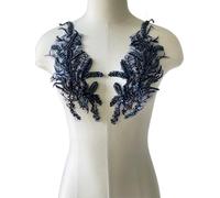JRYYR Beaded Lace Applique, Floral Sequin Patch, Silver Applique for DIY Neckline Wedding Bridal Prom Dresses Costumes 14.1x4.9 inches 1 Pair (Navy)