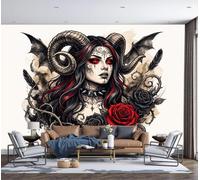 JRZEOCI Black Red Panoramic Wallpaper 3D Effect Rose Horned Witch Photo Wall Mural Silk Wallpaper Watercolor Gothic Style for Bedroom Living Room Restaurant Cafe Feature Wall Decor 400x280cm