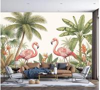 JRZEOCI Jungle Flamingos Photo Wallpaper 350x256cm | Silk Panoramic Wall Mural Retro Tropical Plants for Living Room Bedroom Home Decoration Feature Wall Art, Pink Green