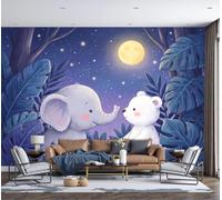 JRZEOCI Little Elephant Little Bear Photo Wallpaper 400x280cm | Silk Panoramic Wall Mural Dreamy Fairy Tale Style for Living Room Bedroom Home Decoration Feature Wall Art, Purple-Blue