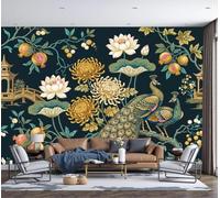 JRZEOCI Peacock Lotus Silk Wallpaper 300x210cm | Traditional Oriental Art Wall Mural - Photo Wallpaper Mural for Bedroom Living Room Hallway Home Decor, Navy Blue