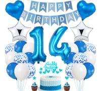 Jrzyhi 14th Birthday Decoration for Boys and Girls - Blue and Silver Cake Topper for 14 Years Old Party