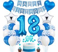 Jrzyhi 18th Birthday Decoration - Blue Silver 18 Years Cake Decoration for Boy & Girl