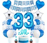 Jrzyhi 33rd Birthday Decoration - Blue Silver 33 Years Cake Decoration for Men & Women