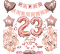 Jrzyhi Rose Gold 23rd Birthday Woman Decoration Pack: Happy Birthday Banner, 23 Foil Balloon, 2 Love Heart Balloons, Star, 10 Rose Gold Latex, Confetti, 23rd Cake Decoration, Heart & Star Cake Toppers