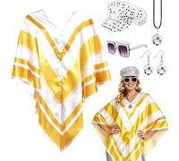 JRZYTX 5 Pcs 70s Fancy Dress Set for Women Disco Costume Accessories with Abba Pop Poncho Sequin Beret Hat Square Bling Glasses Earrings Necklace for 70s Theme Party Outfit (YELLOW)