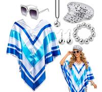JRZYTX 6 Pcs 70s Fancy Dress Set for Women Disco Costume Accessories with Abba Pop Poncho Sequin Beret Hat Square Bling Glasses Earrings Necklace Bracelet for 70s Theme Party Outfit (BLUE-2)