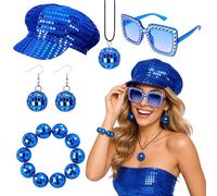 JRZYTX 70s Sequin Hat Disco Hat for Adult Abba Accessories Women with Sequins Hat Glasses Earrings Necklace Bracelet for Women Theme Party Birthday Dance