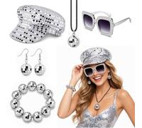 JRZYTX 70s Sequin Hat Disco Hat for Adult Abba Accessories Women with Sequins Hat Glasses Earrings Necklace Bracelet for Women Theme Party Birthday Dance
