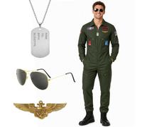 JRZYTX Men Pilot Costume Aviator Cosplay Outfit Green Pilot Jumpsuit Accessory Set, Aviator Flight Fancy Dress Suit for Men Adult Halloween Party Cosplay (M)