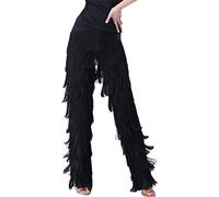 JS Chow Black Red Tassels Ballroom Latin Tango Salsa Dance Pants (Black, XL)