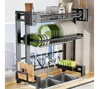 JS Ellie Multifunctional kitchen countertop storage rack, dish drainer above the sink, adjustable width from 62-92cm, can store tableware, cookware, and condiments, black Double layer