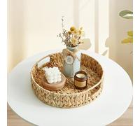 JS Home 13 inch Round Wicker Tray, Hand-Woven Rattan Serving Trays with Handles for Snack Drinks Coffee Table Tray, Water Hyacinth 1Pack