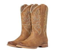 J's.o.l.e Square Toe Cowboy Boots for Women Mid Calf Pull On Fashion Embroidered Western Cowgirl Boots Tan UK Size 8