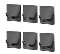 JS Self Adhesive Black Hooks 6 Pack Stainless Steel Towel Holder for Kitchen Bathroom, No Drill Wall Mount for Coat Hat Key Heavy Duty