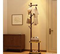 JS Space Solid Wood Rotary Coat Rack Wooden Freestanding Coat tree with 2 Shelves and 8 Hooks,Clothes Hanger Stand for Bedroom, Entryway, Livingroom Walnut-B