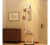 JS Space Solid Wood Rotary Coat Rack Wooden Freestanding Coat tree with 2 Shelves and 8 Hooks,Clothes Hanger Stand for Bedroom, Entryway, Livingroom White-B