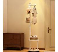 JS Space Solid Wood Rotary Coat Rack Wooden Freestanding Coat tree with 2 Shelves and 8 Hooks,Clothes Hanger Stand for Bedroom, Entryway, Livingroom White-A