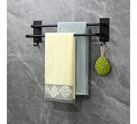 JS Towel Rail Self Adhesive Towel Holder Hanger Stainless Steel Towel Rack 43.5cm/17.1 inch Anti-rust Double Rod Towel Shelf Bar with 2 Hooks Multi-Function for Bathroom Shower Kitchen, Black