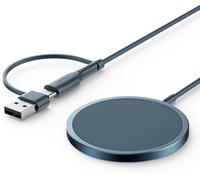 JSAUX Magnetic Wireless Charger for iPhone 17 MagSafe Charger, Magnetic Charger for iPhone 17 Air Pro Max/16/15/14/13/12/Airpods, Aluminum Alloy, USB & USB C Dual Ports, Mag Wireless Charging Pad-Blue