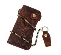 JSBWSFA 1 Pcs Genuine Leather RFID Blocking Long Wallets Chain Wallet Vintage Long Bifold Wallet Checkbook Wallet Cowboy Wallet for Coin Checks, ID windows, Tiger pattern, Vintage
