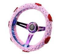 JSCARLIFE 14-15'' Crochet flower Steering Wheel Cover Set,Cute Boho Car Interior Accessories Decoration for Women Steering Wheel Cover Fits for Vehicles, Sedans, SUVs and Vans (Pink)