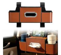 JSCARLIFE 3-in-1 Car Backseat Organizer with Cup Holder & Trash Bin,Multifunctional Seat Storage for Phones,Snacks & Handbags -Tissue Box & Hooks Included (Brown)