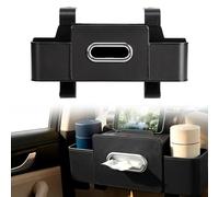 JSCARLIFE 3-in-1 Car Backseat Organizer with Cup Holder & Trash Bin,Multifunctional Seat Storage for Phones,Snacks & Handbags -Tissue Box & Hooks Included (Black)